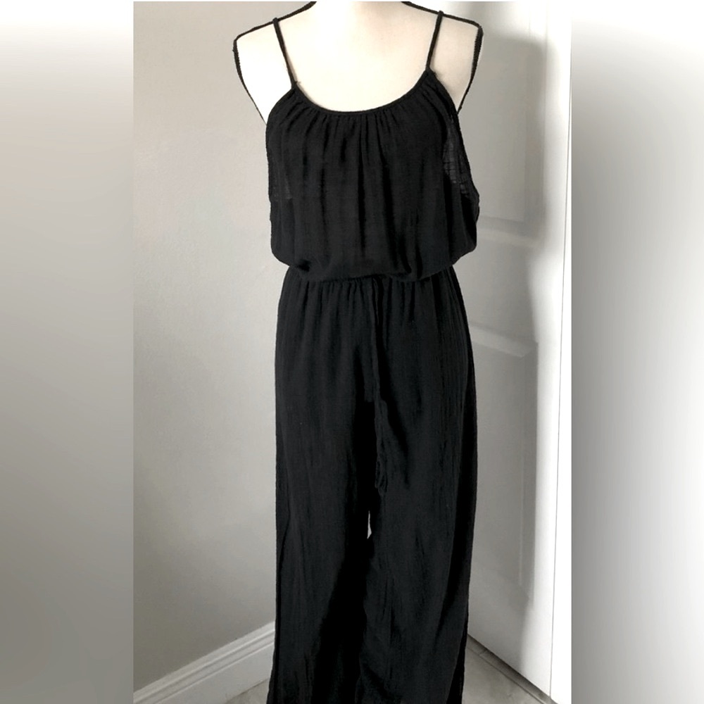 Hers & Mine Black Sleeveless Wide Leg Textured Cotton Jumpsuit Size Small